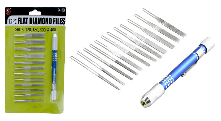 12Pc Flat Diamond File Set with Universal Handle & Pocket Clip,(