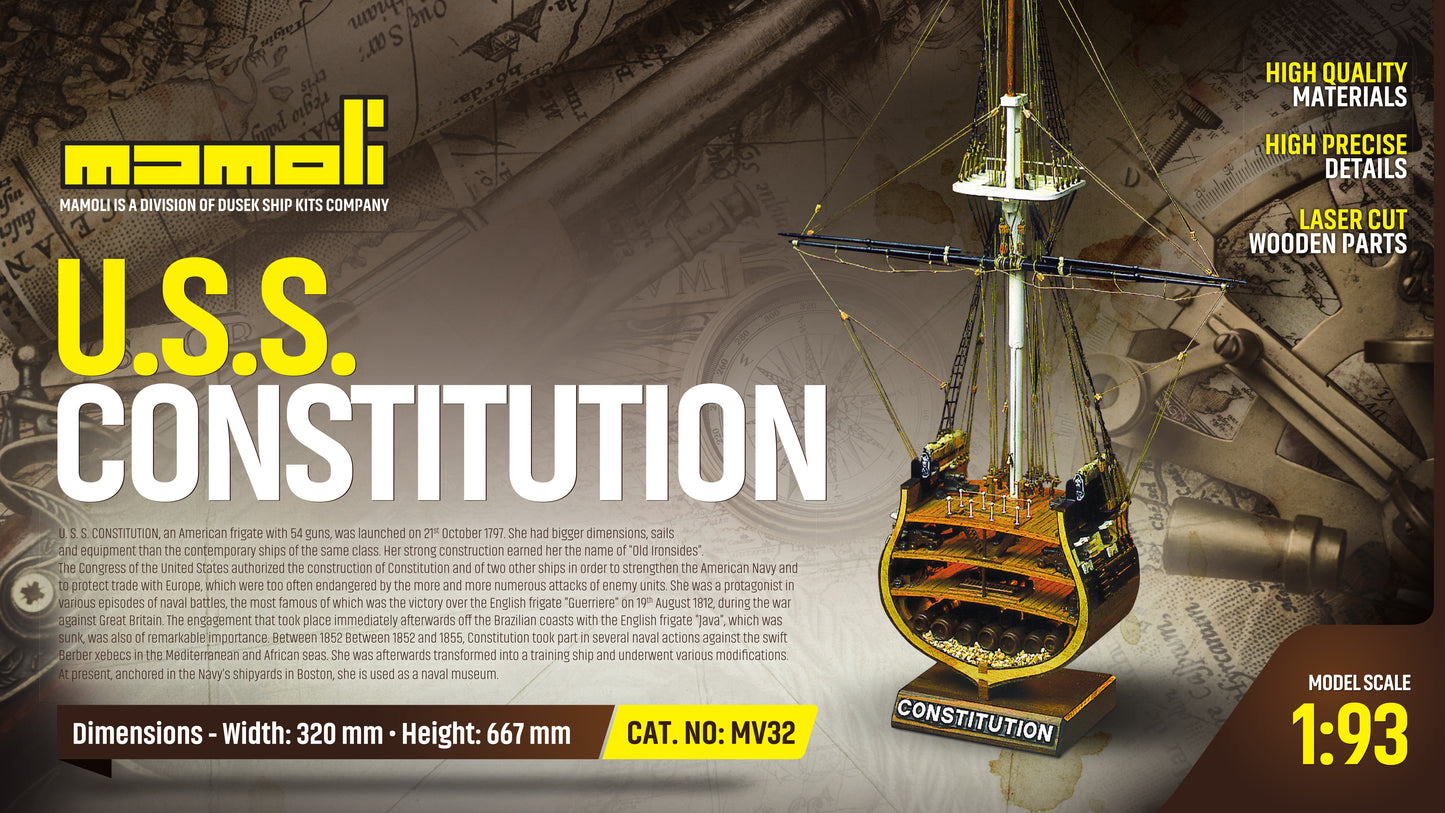 Dusek-Mamoli - Mamoli MV32 - USS Constitution Section - Wood Plank-On-Frame Model Ship Kit - Scale: 1/93 Width: 320 mm (13"), Height: 667mm (26")