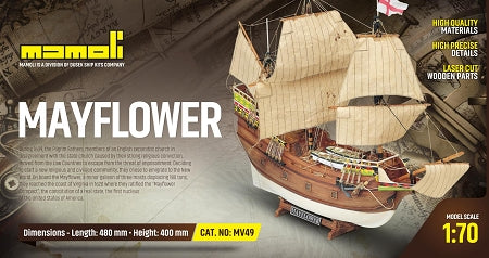 Dusek-Mamoli - Mamoli MV49 Mayflower - Wood Plank-On-Frame Ship Model Kit - Length: 480 mm (19"), Height: 400 mm (16") Scale 1/70