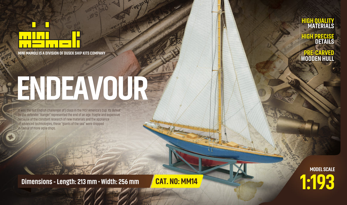 Dusek-Mamoli - Mamoli MM14 Endeavour II - Wooden model kit with pre-carved hull - Scale 1/193 - Length 8.4 in - Height 10.1 in