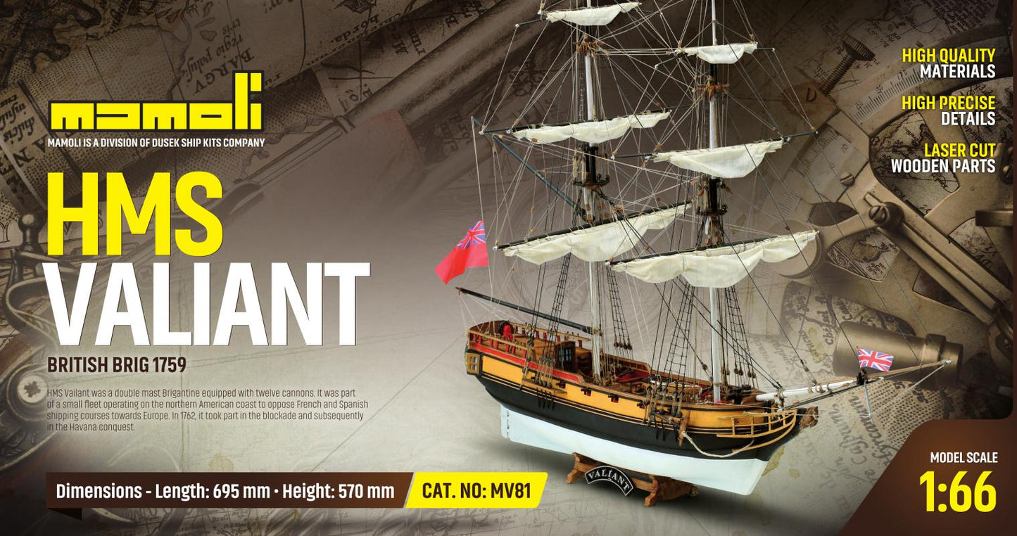Dusek-Mamoli - Mamoli MV81 HMS Valiant Model Ship Kit - British Brig 1759 - Scale 1/66 - Length 27.4 in, Height 22.4 in