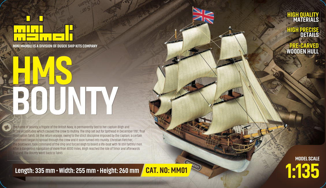 Dusek-Mamoli - Mamoli MM01 - HMS Bounty - Pre-Carved Wooden Hull Ship Model Kit - Scale 1/135 Length 335mm (13")