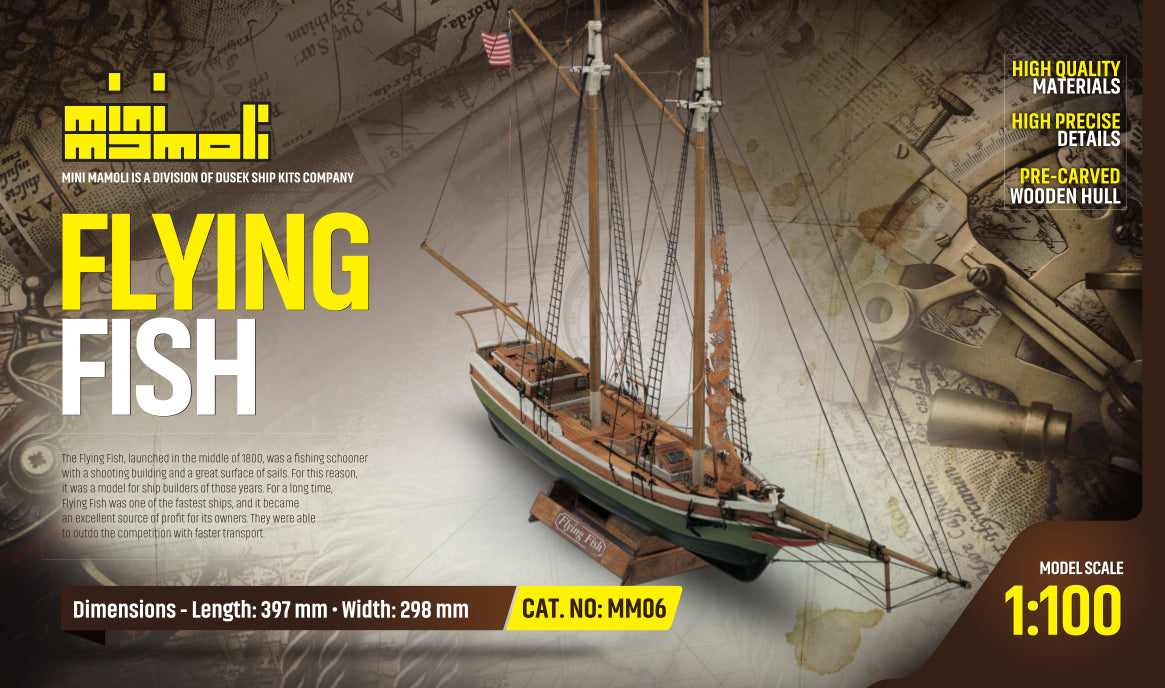 Dusek-Mamoli - Mamoli MM06 - Flying Fish - Pre-Carved Wooden Hull Ship Model Kit - Scale 1/100 Length 397mm (15.5")