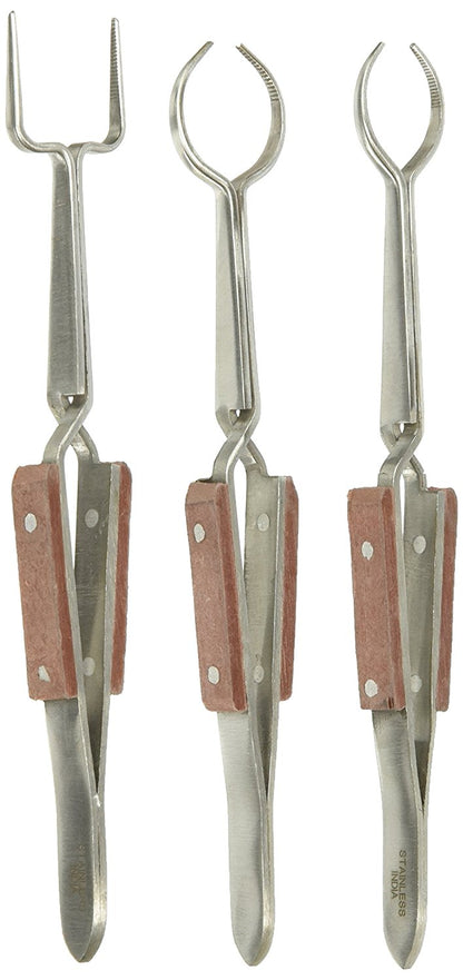 SONA 3 Piece Stainless Steel Heat Resistant Fiber Grip Tweezer Set, Consists 2 Rounded & 1 Square Tip