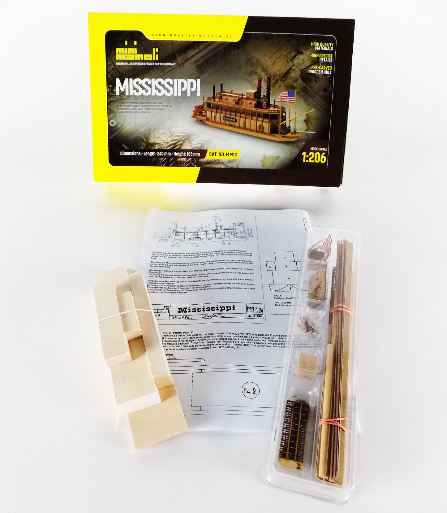 Dusek-Mamoli - Mamoli MM13 - Mississippi - Pre-Carved Wooden Hull Ship Model Kit - Scale 1/206 Length 240mm (9.5")