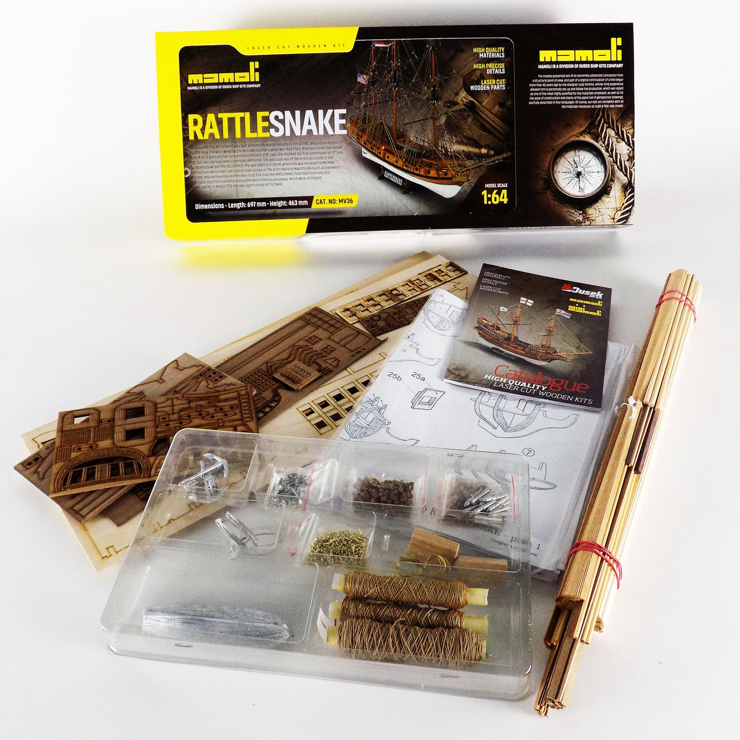 Dusek-Mamoli - Mamoli MV36 -Rattlesnake - Wood Plank-On-Frame Model Ship Kit - Scale 1/64 - Length: 697 mm (28"), Height: 463 mm (19")