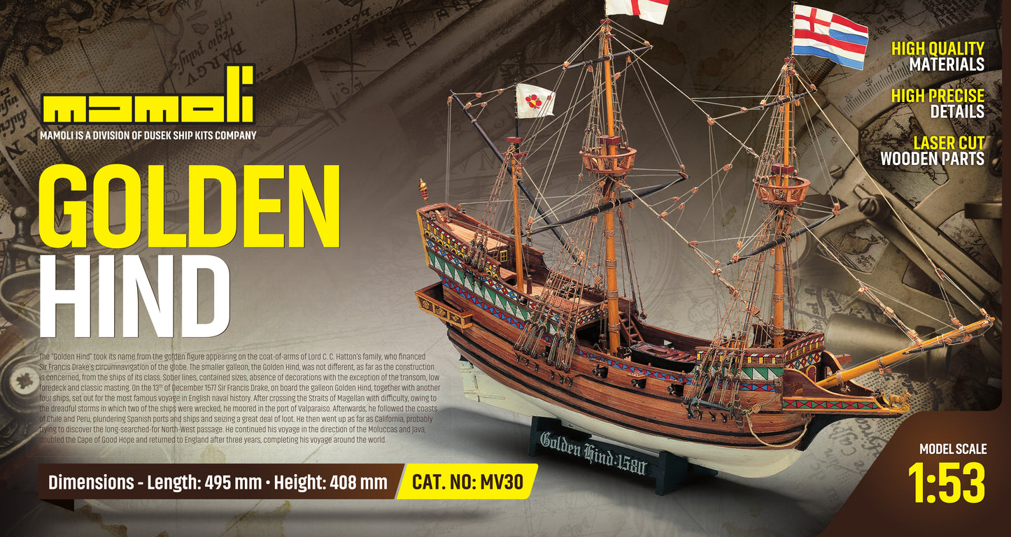 Dusek-Mamoli - Mamoli MV30 - Golden Hind- Wood Plank-On-Bulkhead Model Ship Kit - Scale: 1/53Length: 495 mm (20"), Height: 408mm (16")