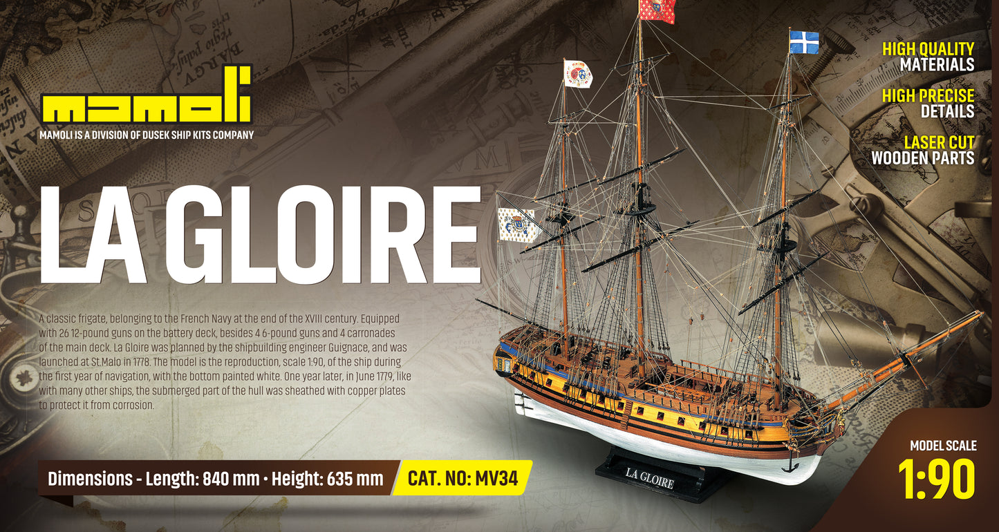 Dusek-Mamoli - Mamoli MV34 - La Gloire - Wood Plank-On-Frame Model Ship Kit - Scale 1/64 - Length 840 mm (34")