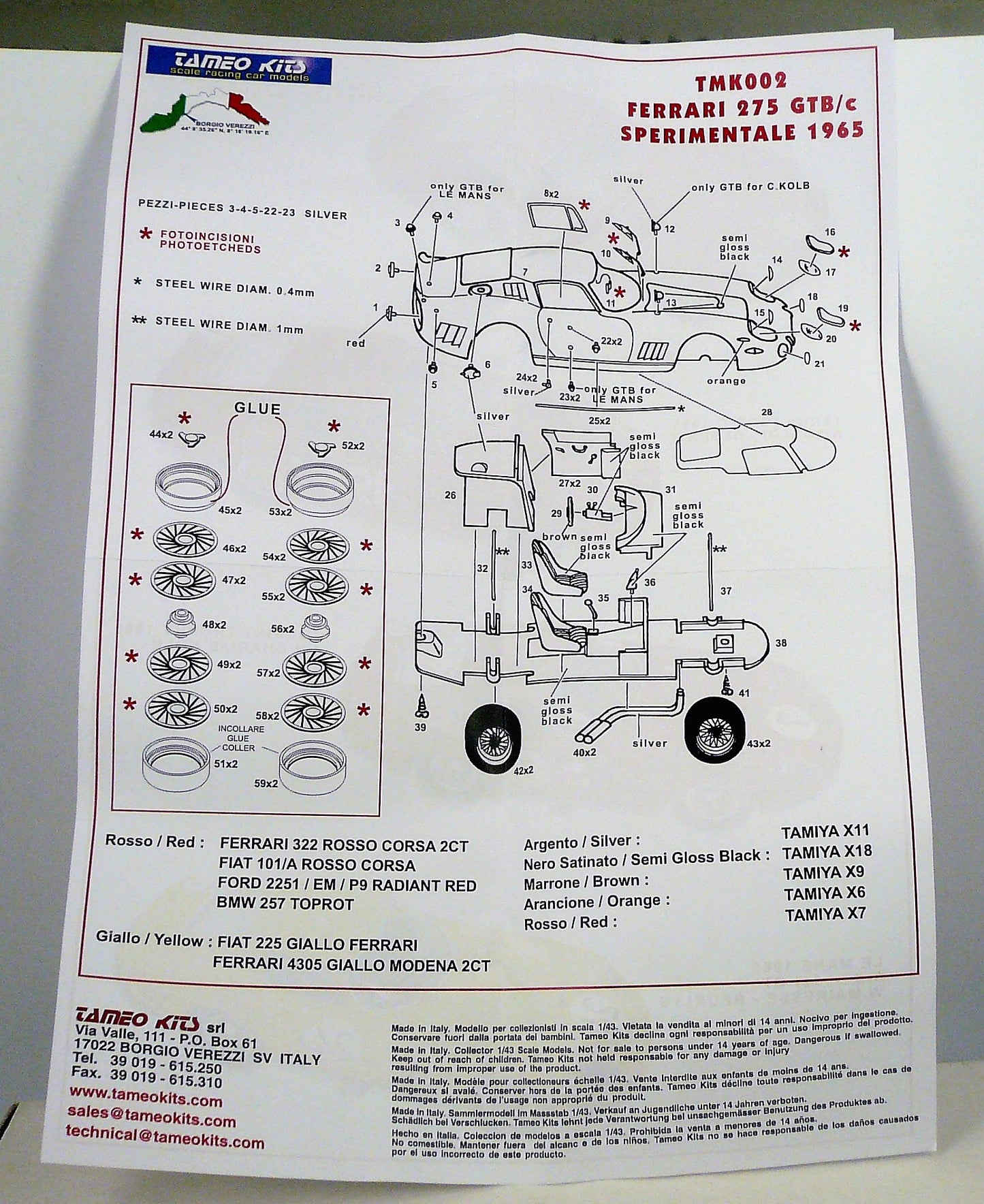 Tameo - TMK 002 Ferrari 275 GTB/c Sperimentale 1965 - White Metal Car Kit - Scale 1:43 - Length 4-1/4"