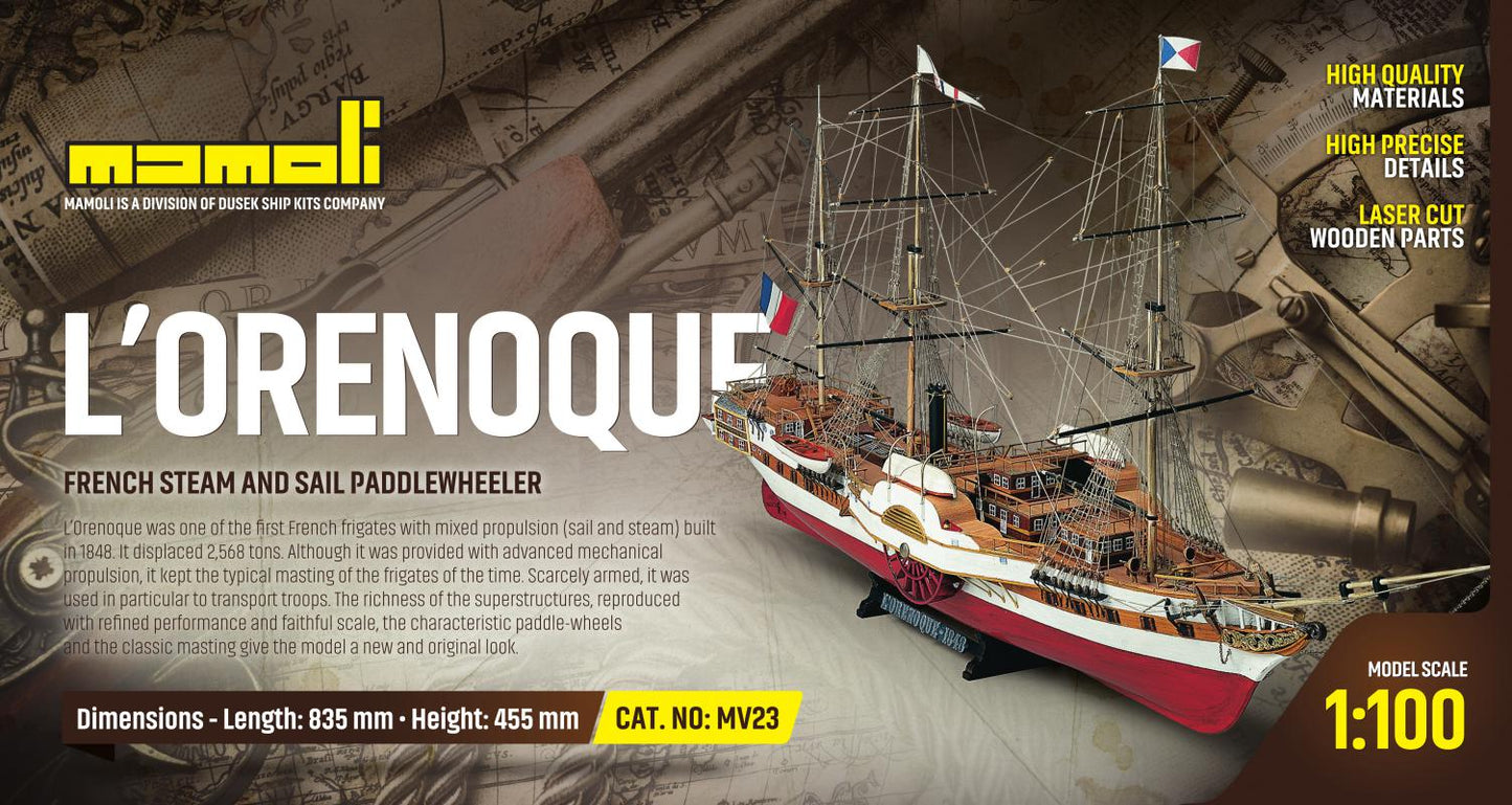 Dusek-Mamoli - Mamoli MV23 LORENOQUE French steam and sail paddle wheeler 1/100 Length: 835 mm, Height:455mm