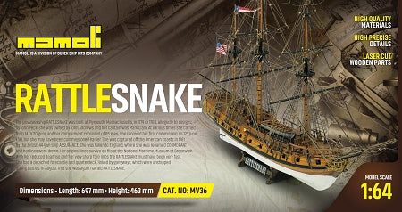 Dusek-Mamoli - Mamoli MV36 -Rattlesnake - Wood Plank-On-Frame Model Ship Kit - Scale 1/64 - Length: 697 mm (28"), Height: 463 mm (19")
