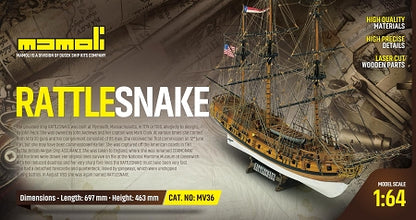 Dusek-Mamoli - Mamoli MV36 -Rattlesnake - Wood Plank-On-Frame Model Ship Kit - Scale 1/64 - Length: 697 mm (28"), Height: 463 mm (19")