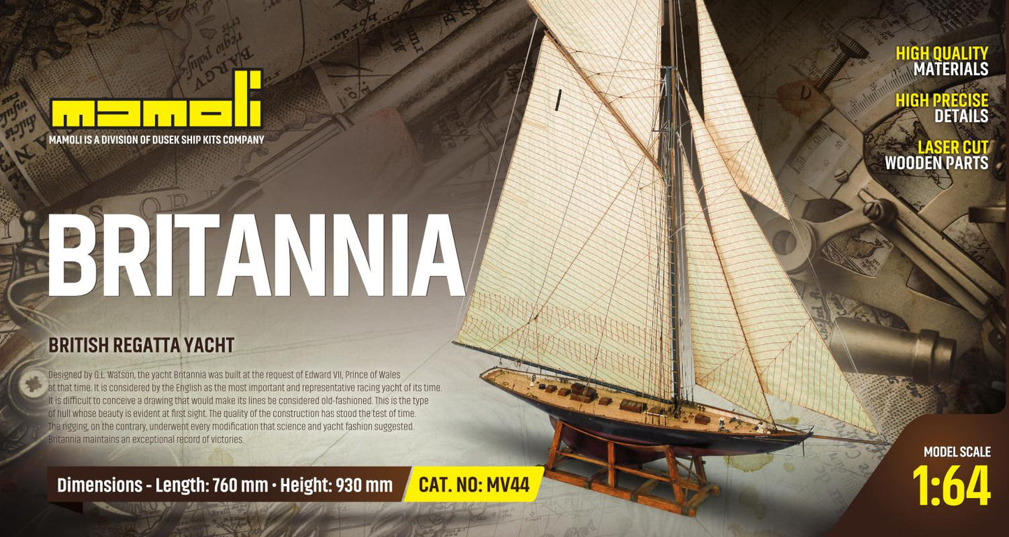 Dusek-Mamoli - Mamoli MV44 Britannia Model Ship Kit - British Regatta Yacht - Scale 1/64 - Length 30 in - Height 36.6 in