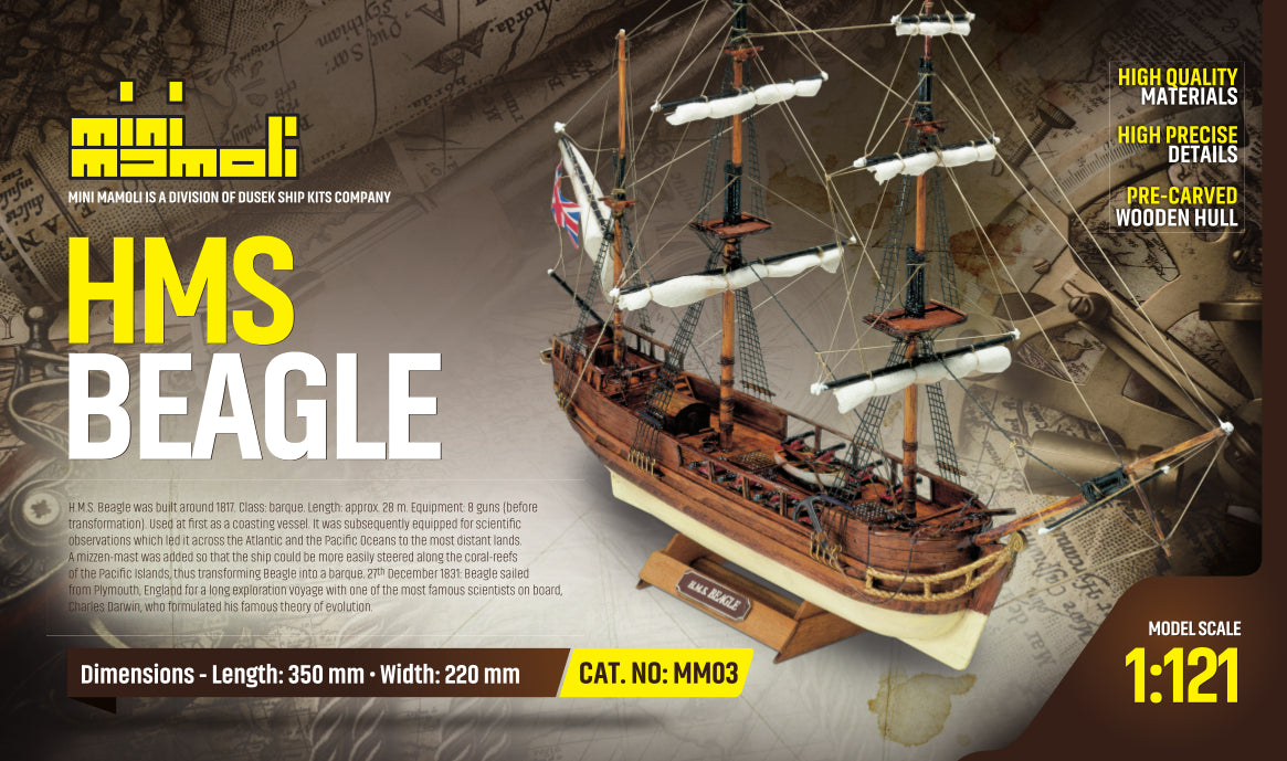 Dusek-Mamoli - Mamoli MM03 HMS Beagle - Wooden model kit with pre-carved hull - Scale 1/121 - Length 350 mm - Height 220 mm