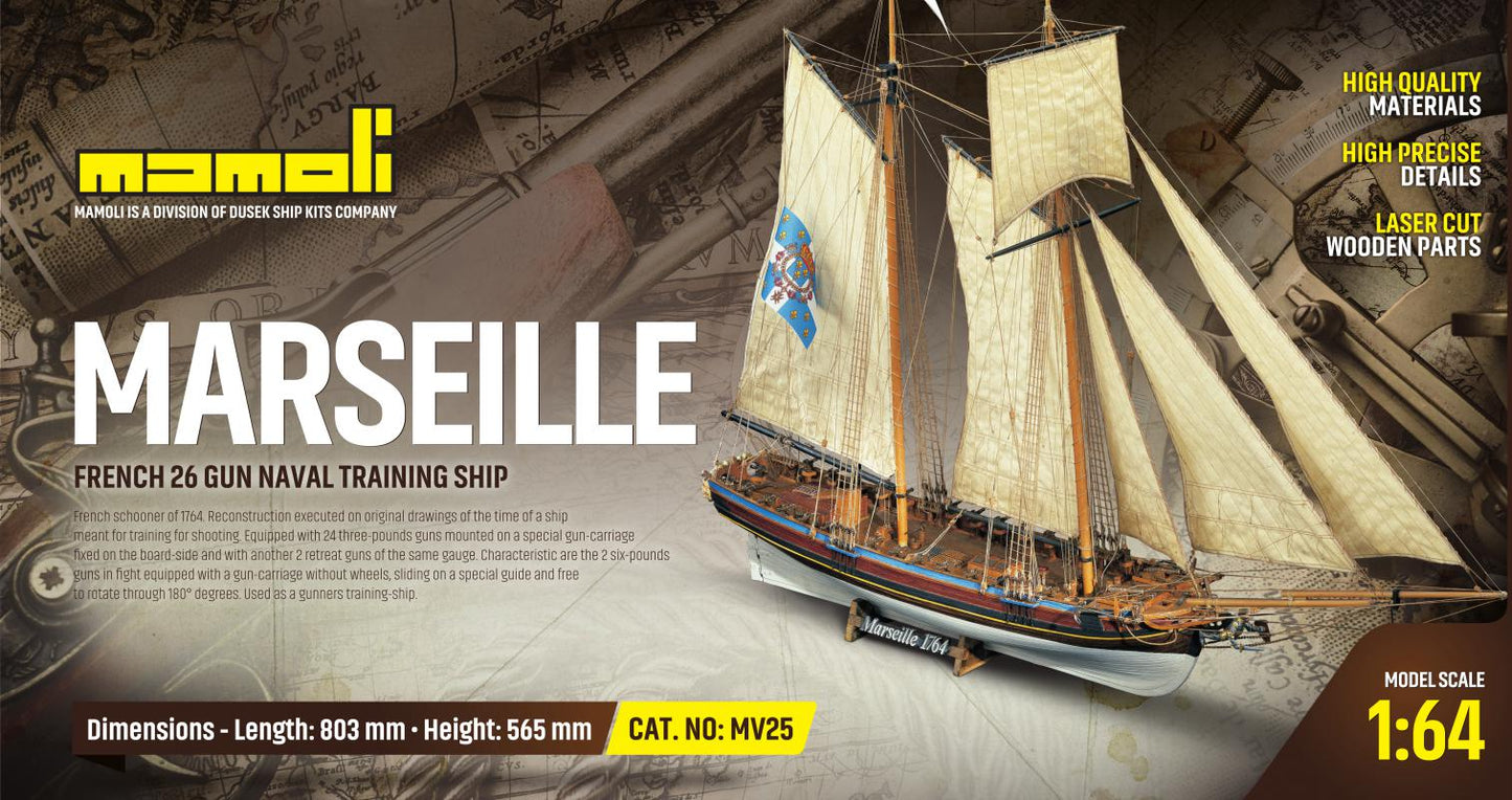 Dusek-Mamoli - Mamoli MV25 Marseille - French 26 Gun Naval training Ship - Scale 1/64 - Length 31.6 in - Height 22.2 in