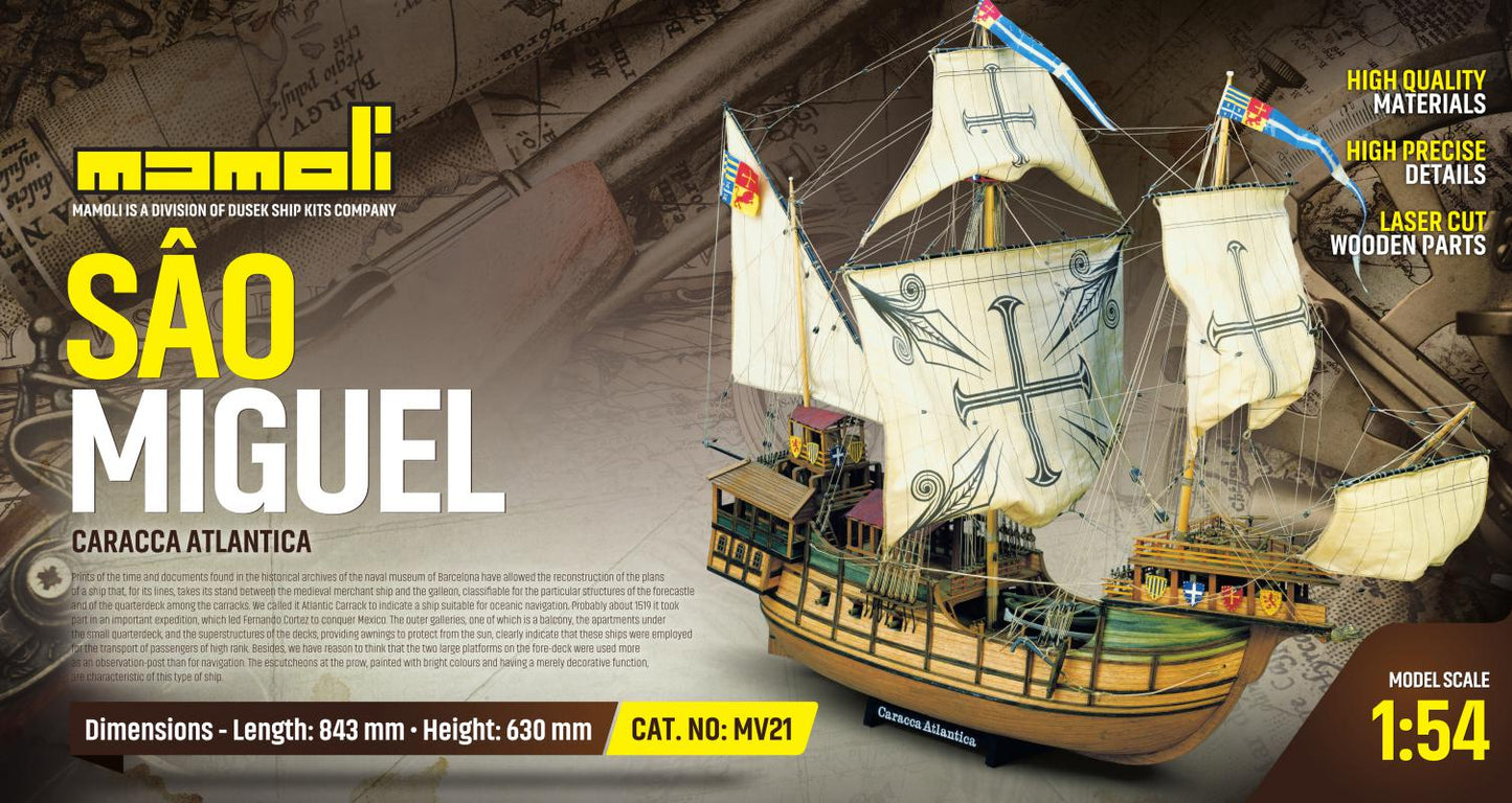 Dusek-Mamoli - Mamoli MV21 Sao Miguel Caracca Atlantica Model Ship Kit - Scale 1/54 - Length 33.2 in - Height 24.8 in