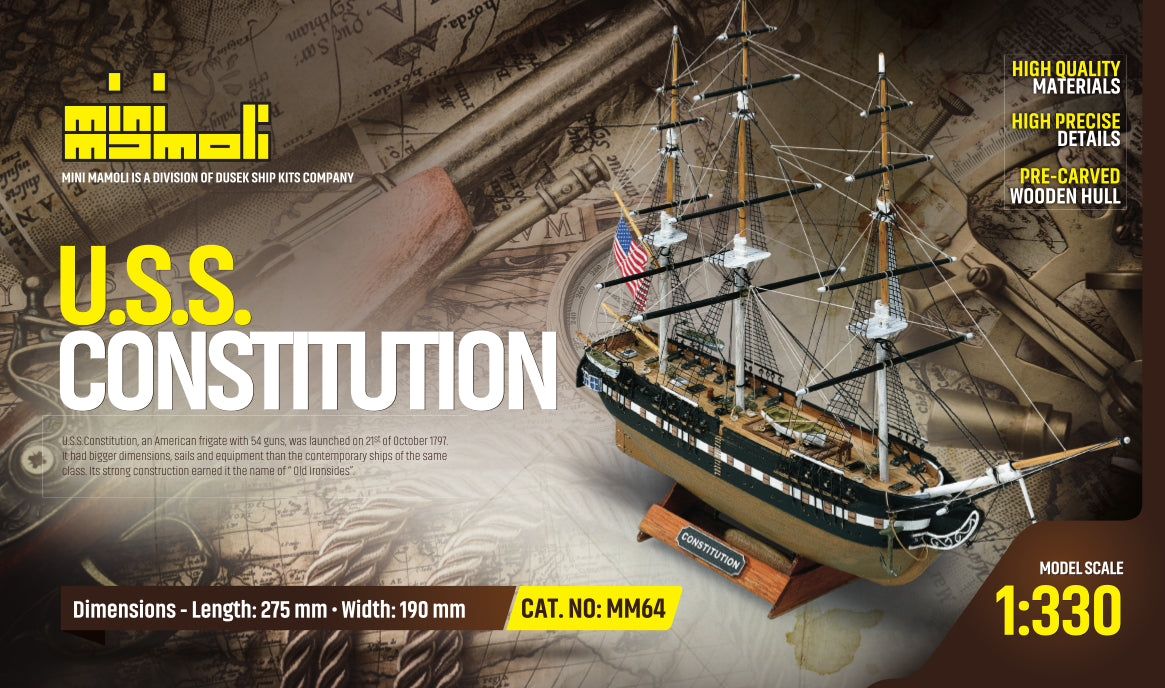 Dusek-Mamoli - Mamoli MM64 USS Constitution - Wooden model kit with pre-carved hull - Scale 1/330 - Length 10.8 in - Height 7.5 in
