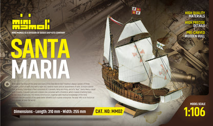 Dusek-Mamoli - Mamoli MM02 - Santa Maria - Pre-Carved Wooden Hull Ship Model Kit - Scale 1/106 Length 310mm (12")